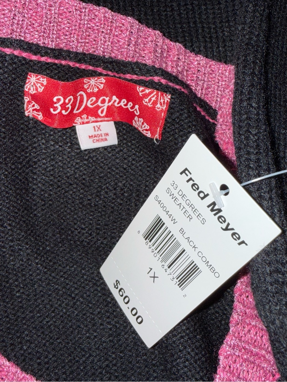Black Crewneck Holiday Sweater with Pink Trim and Gingerbread Applique - Picture 4 of 5